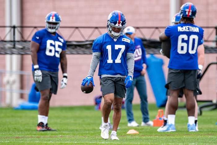 May 13, 2022; East Rutherford, NJ, USA; New York Giants wide receiver Wan'Dale Robinson (17) practices a drill during rookie camp at Quest Diagnostics Training Center.